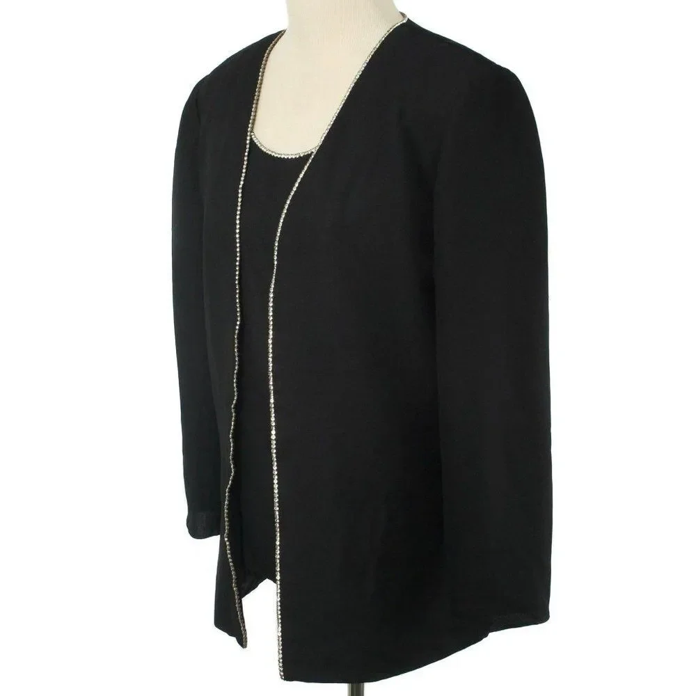 R&M RICHARDS Black Rhinestone Trim Attached Jacket Evening Blouse Size 14P - Picture 2 of 4